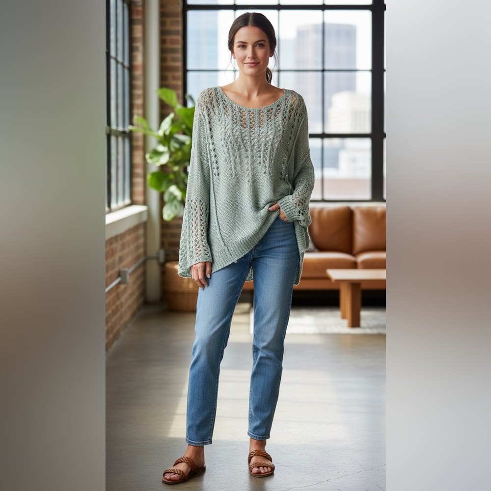 Arizona Jean Company Sage Green Crew Neck Sweater with Intricate Knit